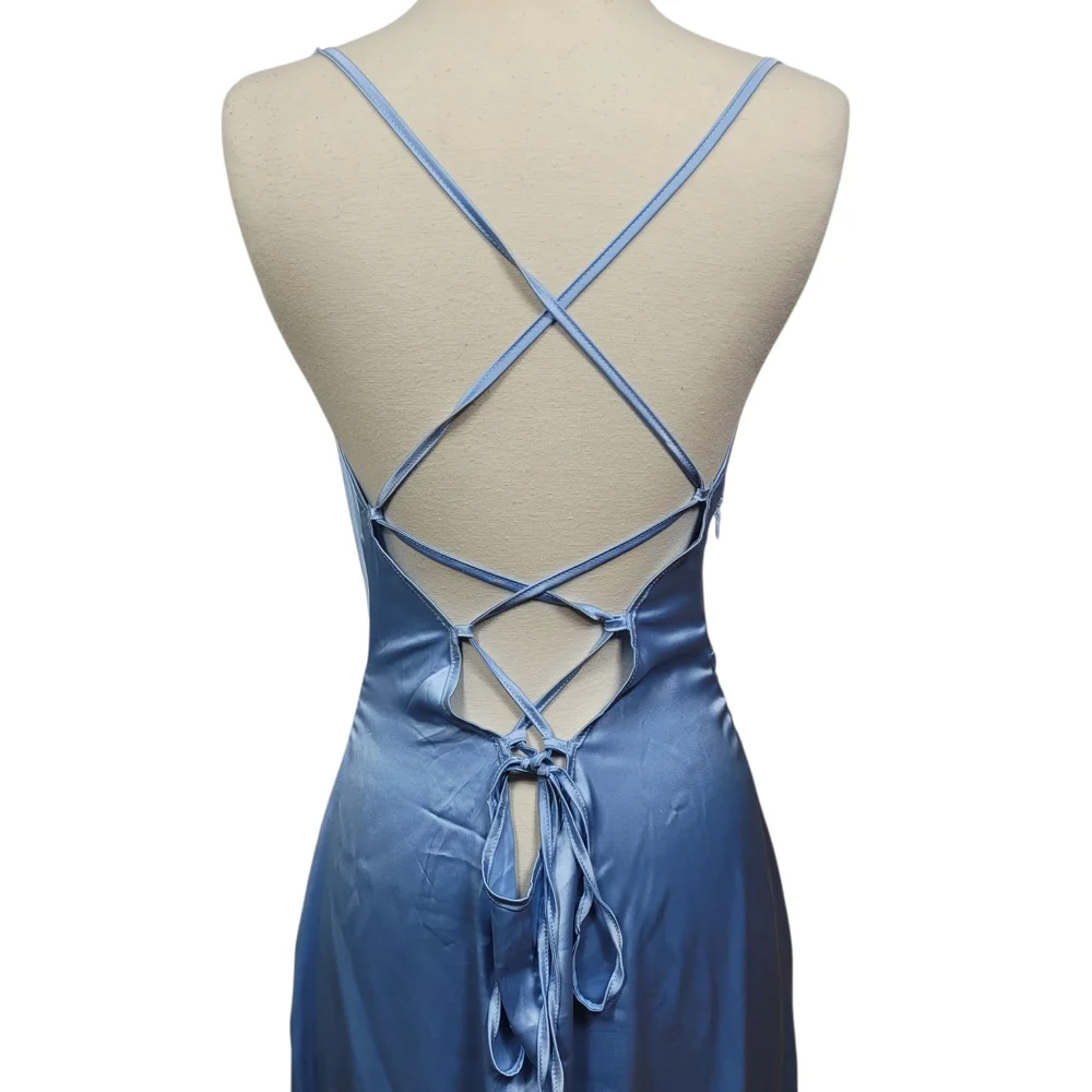 SHEIN SXY Sky Blue Satin Strappy Glam Backless Midi Dress Size 8-10 - Picture 7 of 11